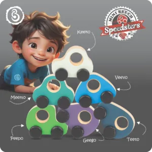 A smiling boy playing with a stack of named wooden cars.