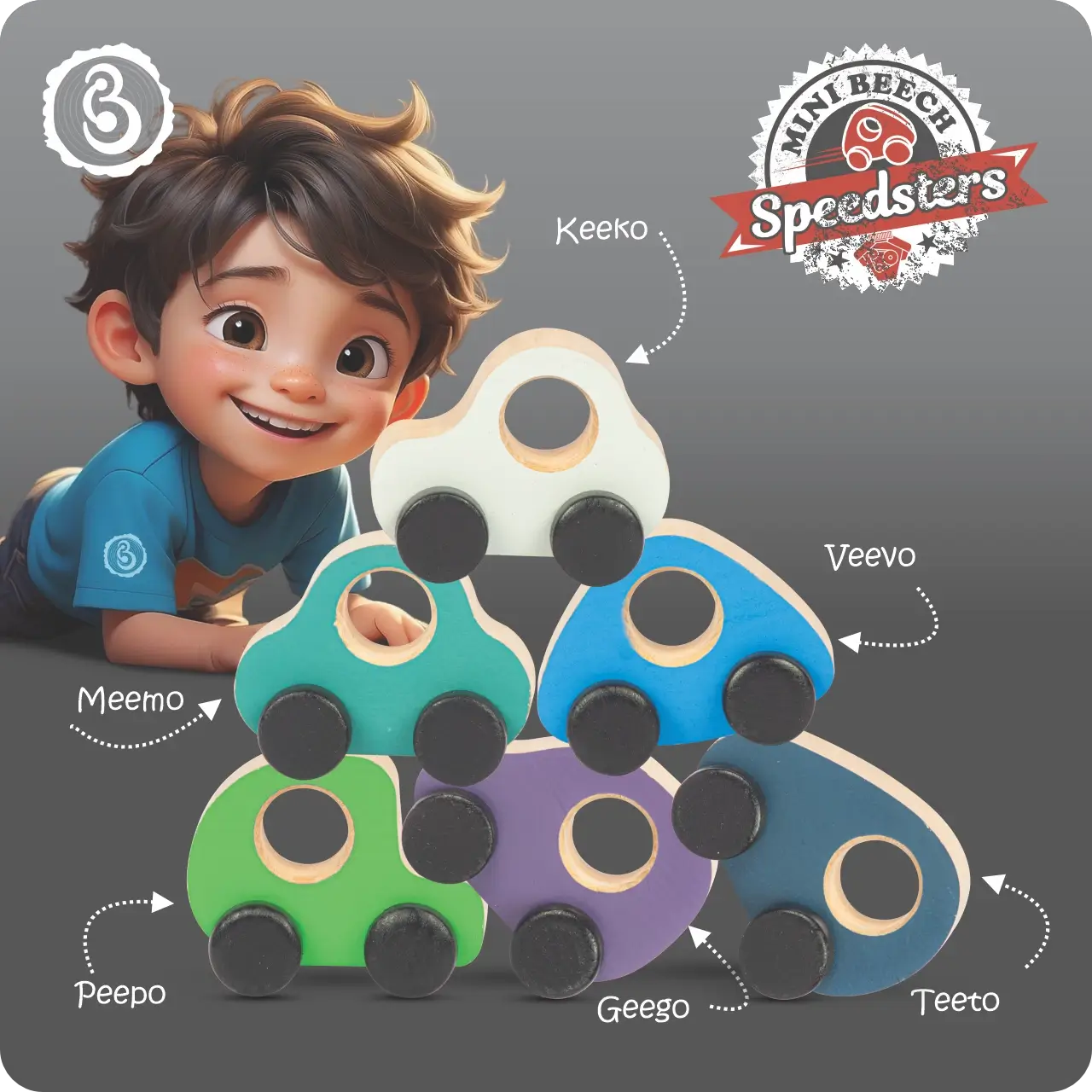 02mbs_04 A smiling boy playing with a stack of named wooden cars.