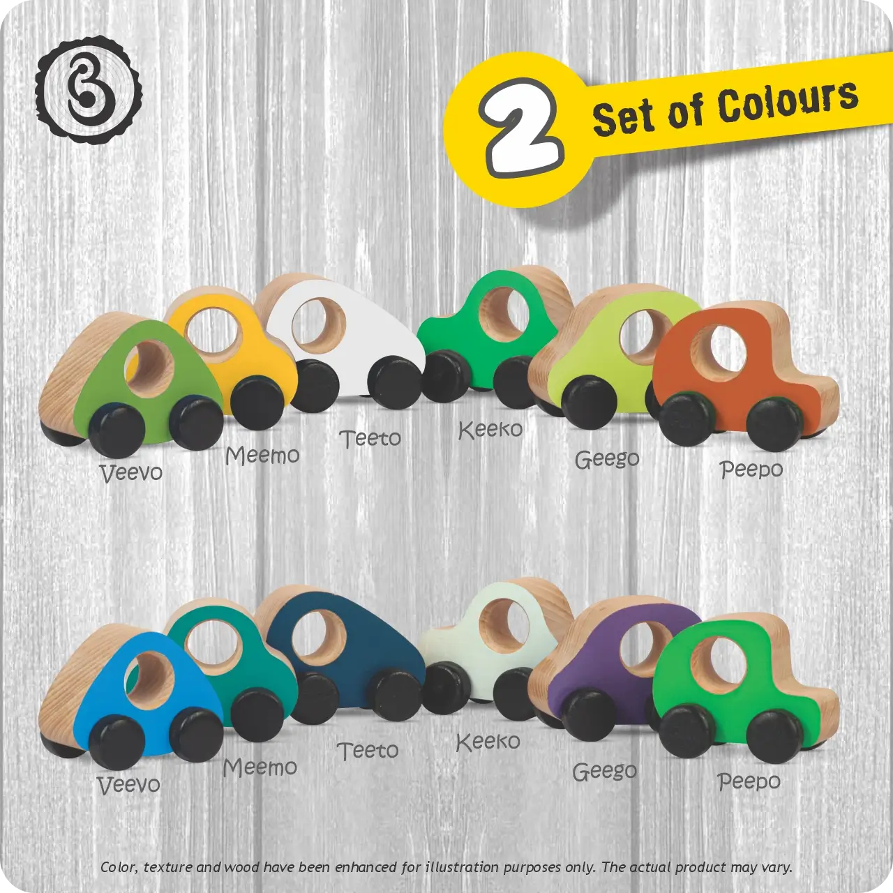 02mbs_05 Two different color palettes of the wooden toy car sets.