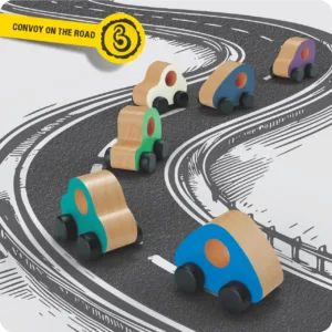 Wooden toy cars arranged in a convoy on a winding illustrated road.