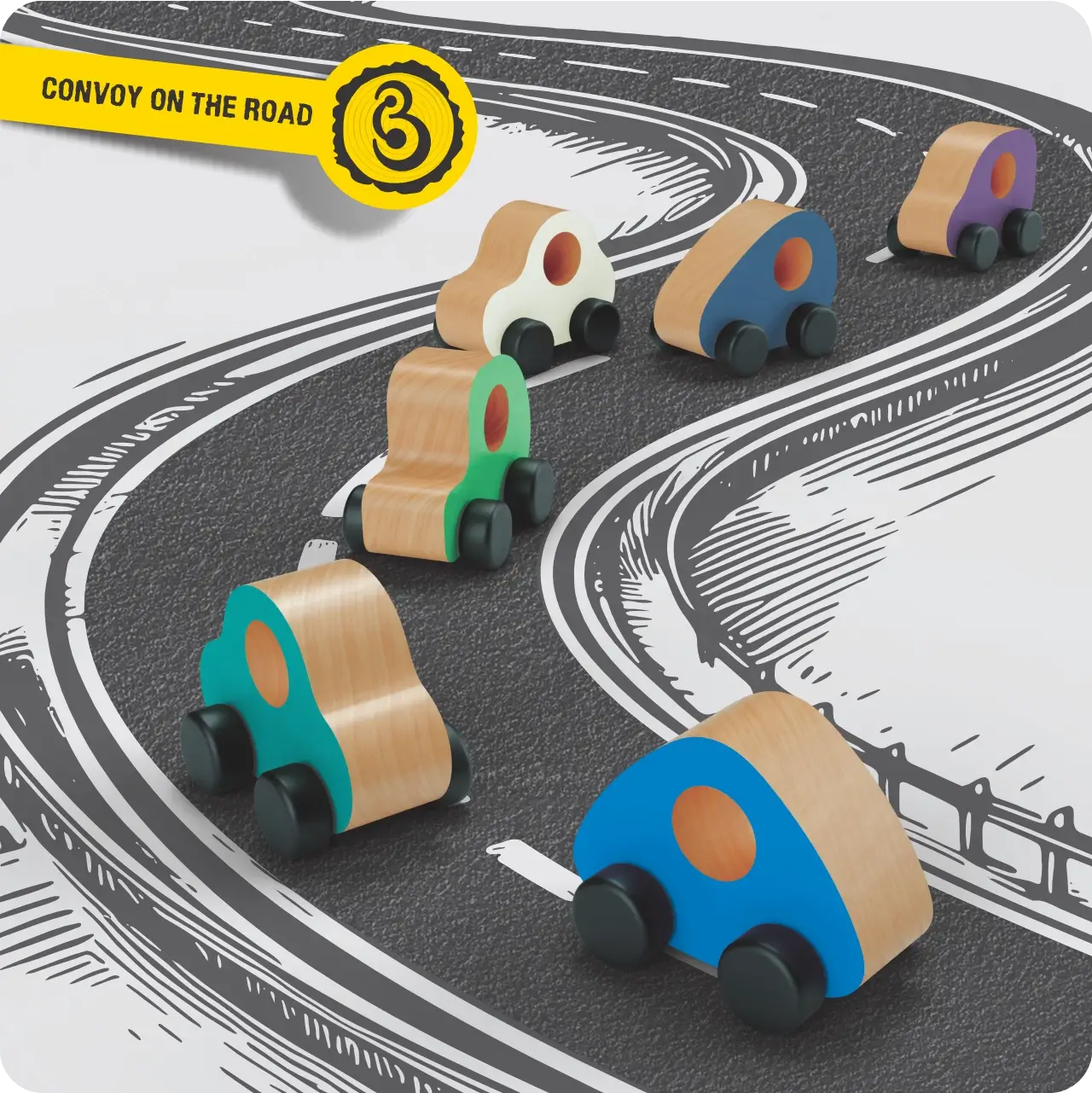 02mbs_06 Wooden toy cars arranged in a convoy on a winding illustrated road.