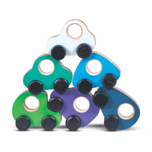 A vertical stack of five colorful wooden cars.
