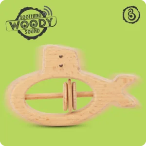 A motion-blurred submarine rattle illustrating a "soothing woody sound."