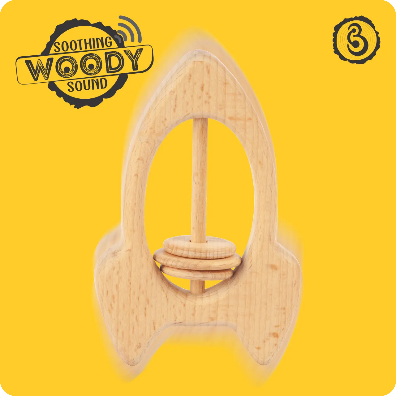 04 Wooden rocket rattle on a yellow background with "Soothing Woody Sound" badge.