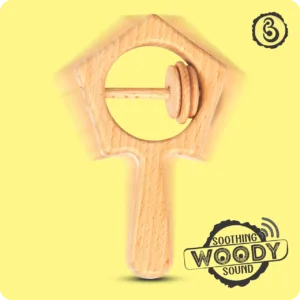 A motion-blurred star rattle illustrating a soothing natural woody sound.