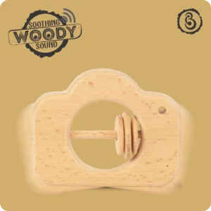 A motion-blurred camera rattle illustrating a soothing woody sound.