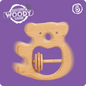 Action shot of the koala rattle illustrating its soothing natural woody sound.