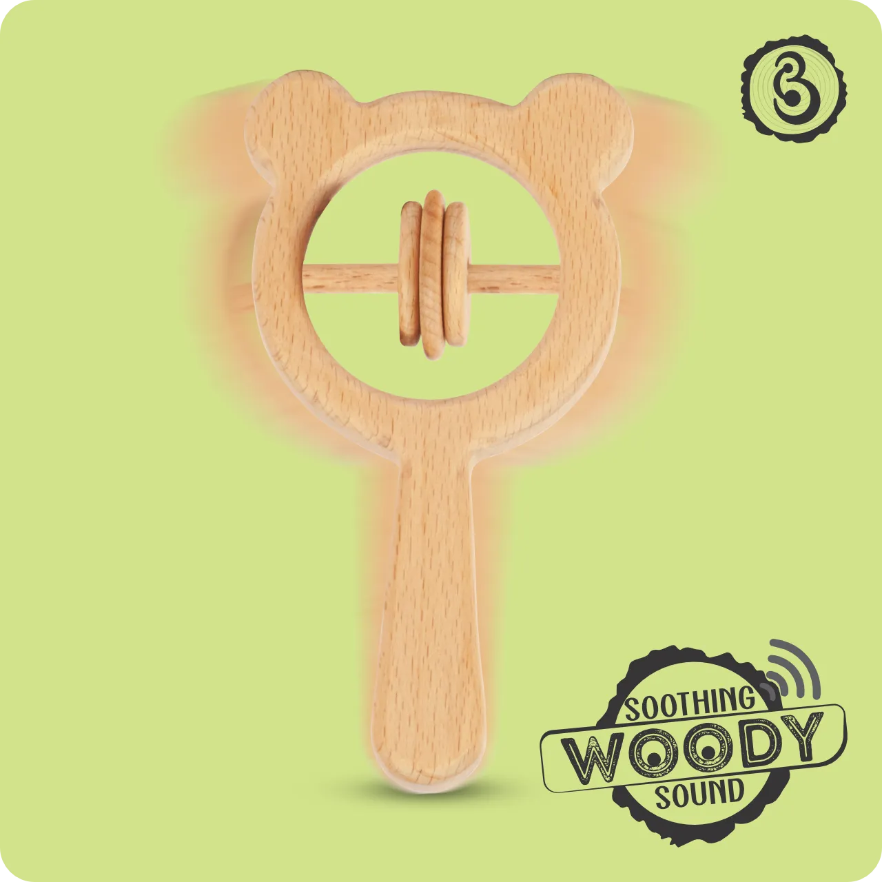 04 A motion-blurred wooden rattle illustrating a gentle "soothing woody sound."
