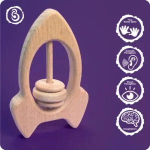 Rocket-shaped wooden rattle with developmental benefit icons.