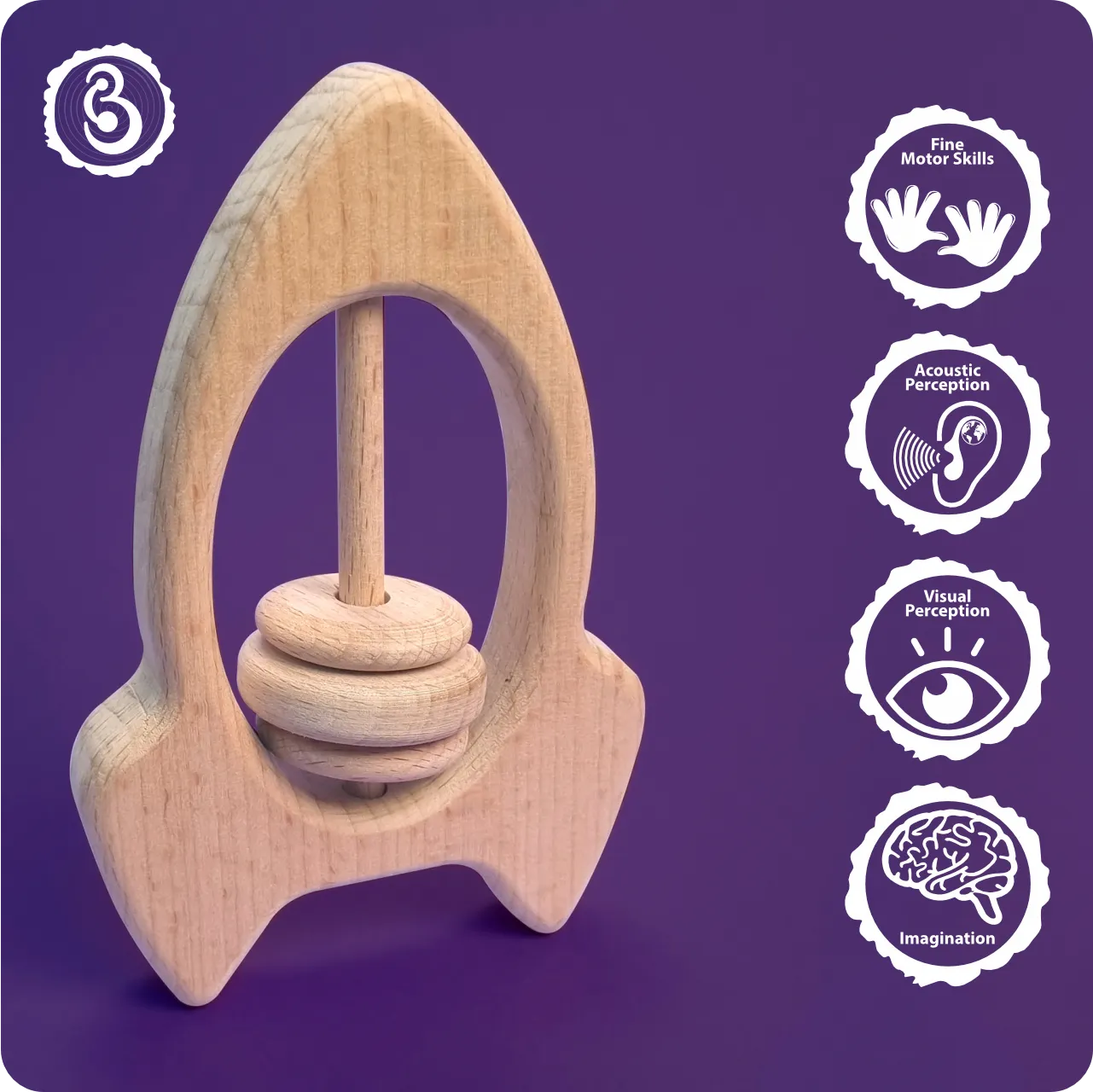 05 (1) Rocket-shaped wooden rattle with developmental benefit icons.