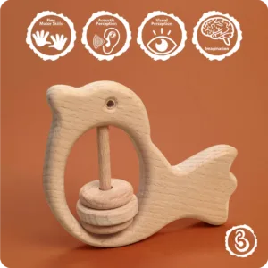 Developmental benefits infographic for the wooden bird rattle.