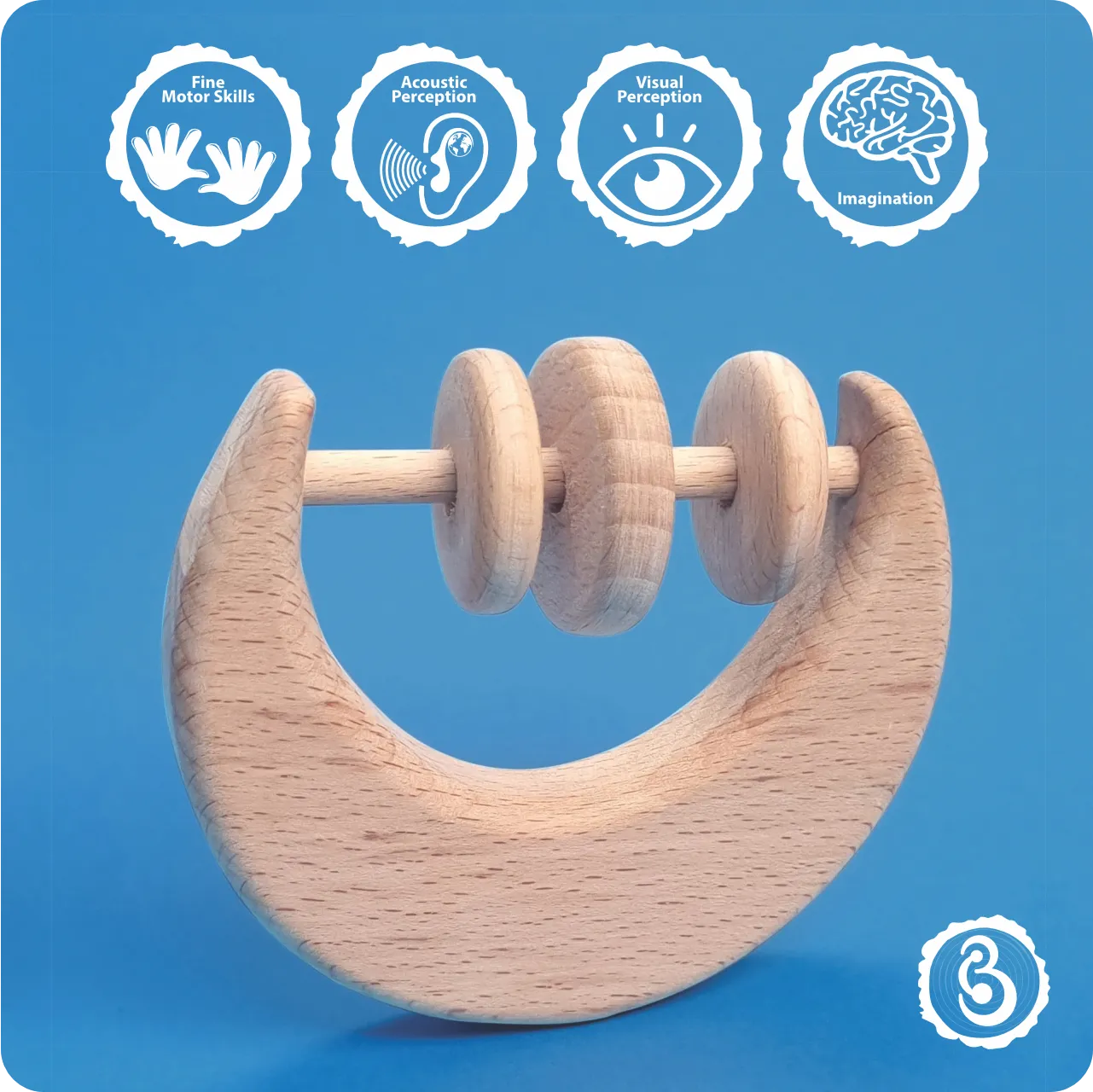 05 Educational icons detailing how the moon rattle aids fine motor skills and imagination.