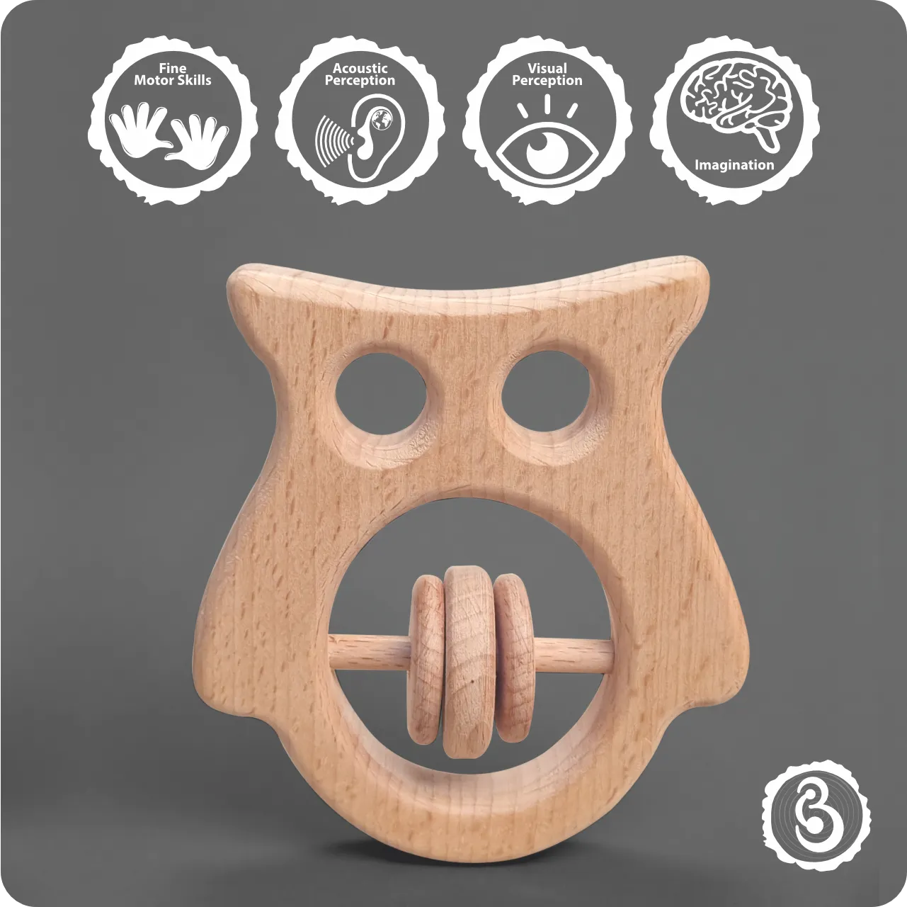 05 Wooden owl rattle with developmental benefit icons.