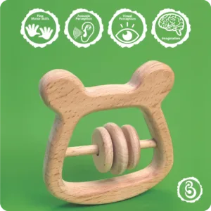 Educational icons detailing benefits like motor skills and imagination for the panda toy.