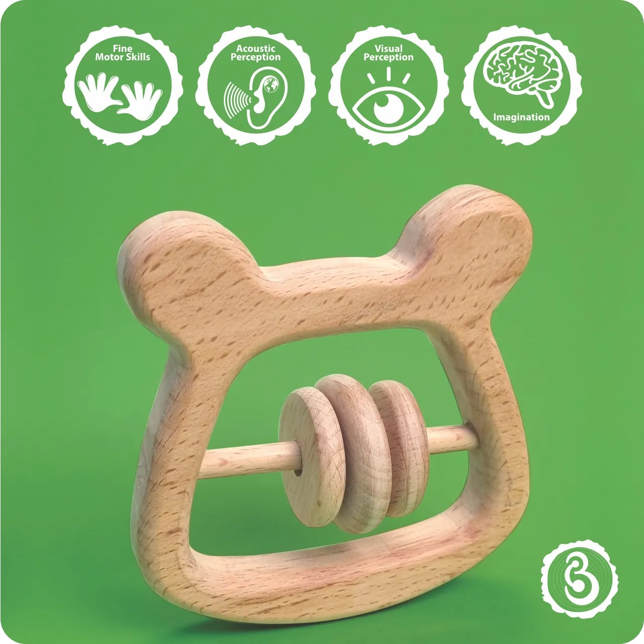 05 Educational icons detailing benefits like motor skills and imagination for the panda toy.