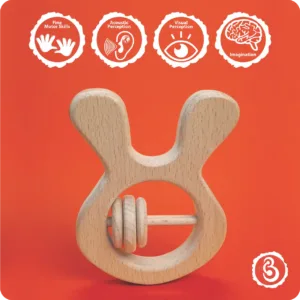 Educational icons detailing benefits like motor skills and imagination for the rabbit toy.