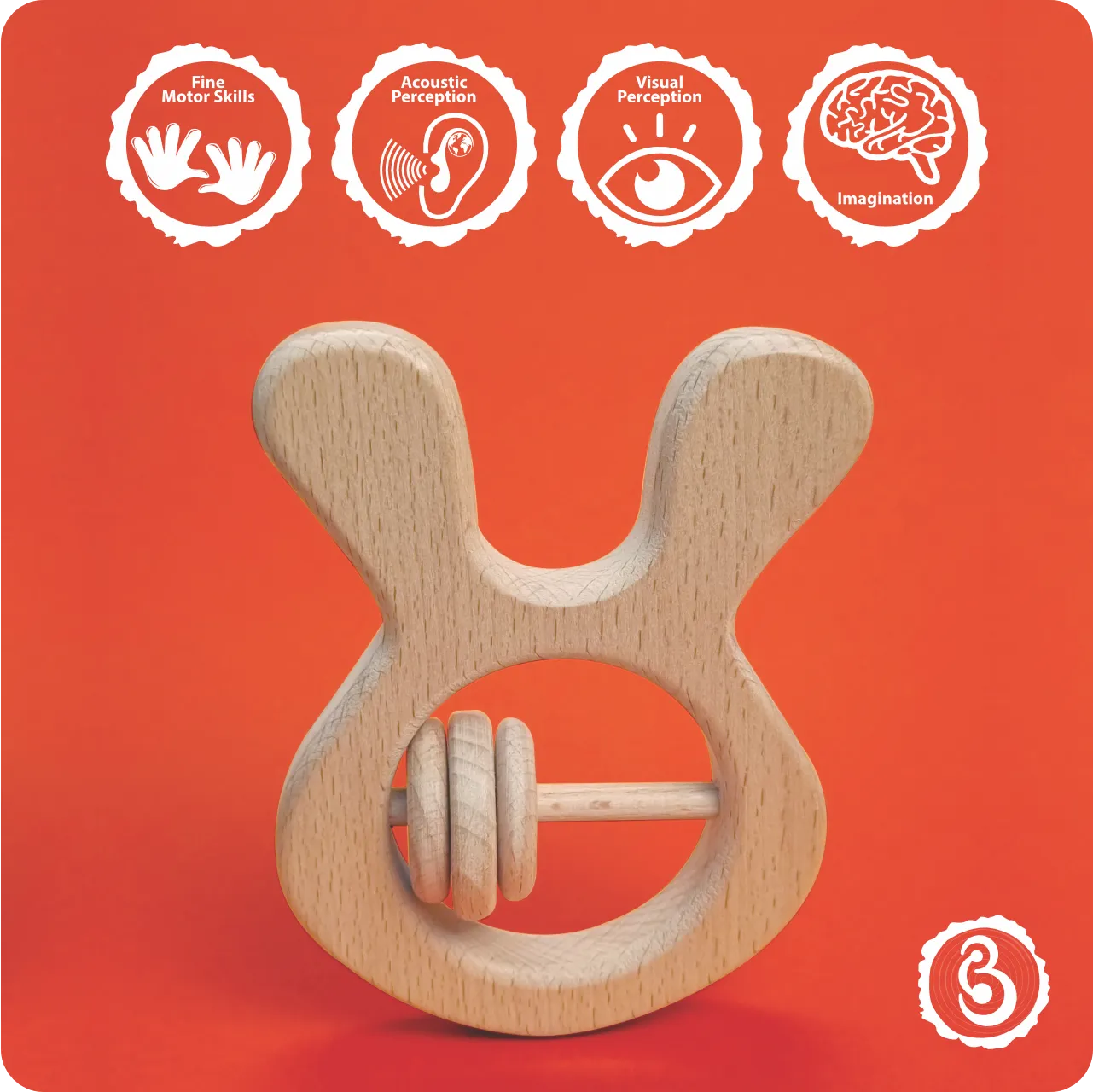 05 Educational icons detailing benefits like motor skills and imagination for the rabbit toy.