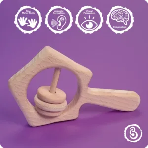 Educational icons showing how the star rattle aids fine motor skills and imagination.