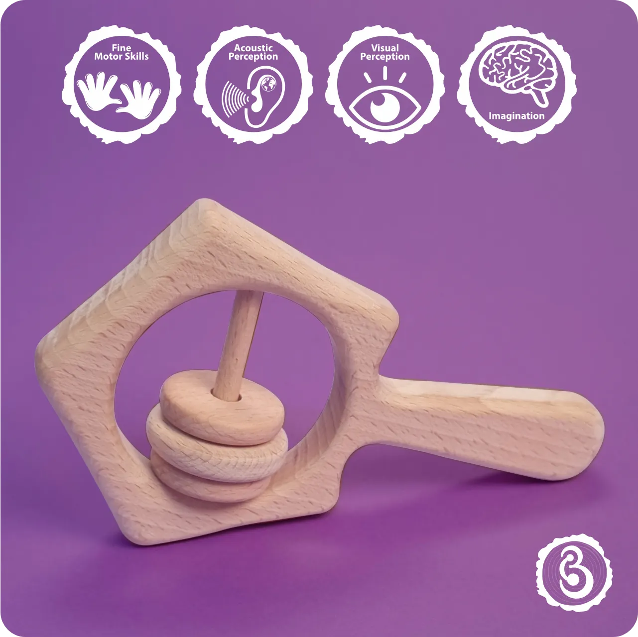 05 Educational icons showing how the star rattle aids fine motor skills and imagination.