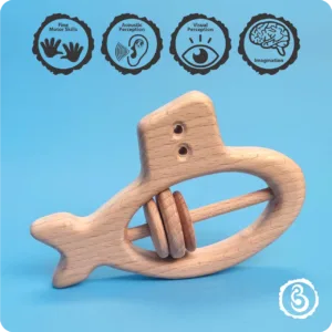 Educational icons showing how the submarine rattle aids motor skills and imagination.