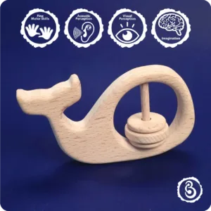 Educational benefits of the wooden whale rattle including fine motor skills and perception.