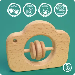 Educational icons for fine motor skills and imagination with the camera rattle.