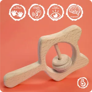 Educational icons detailing developmental benefits like motor skills and imagination.