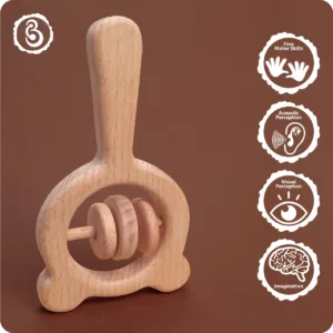 A wooden rattle standing upright next to icons for motor skills and sensory perception.