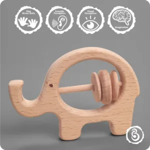 Educational icons showing how the elephant rattle supports motor skills and imagination.