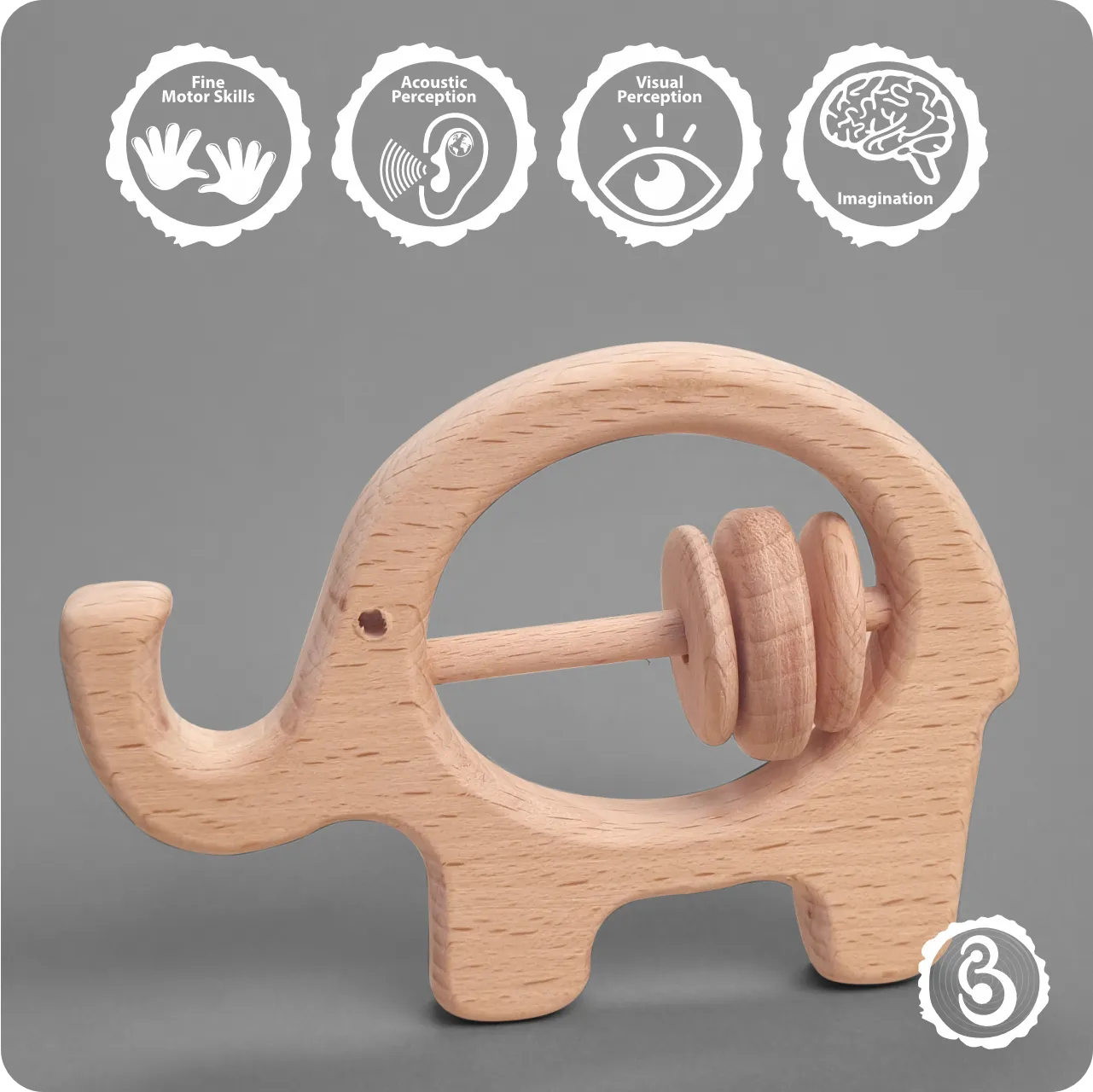 05 Educational icons showing how the elephant rattle supports motor skills and imagination.