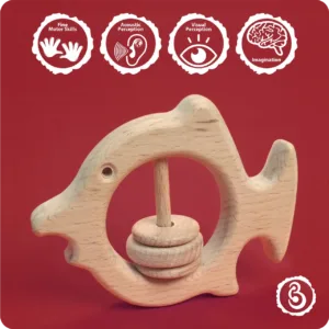 Educational icons detailing developmental benefits like motor skills and imagination.