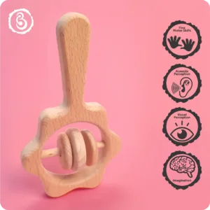 Educational icons showing how the wooden rattle aids motor skills and imagination