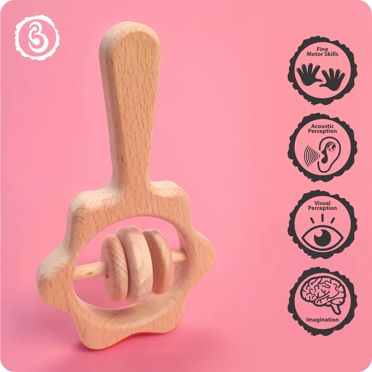 05 Educational icons showing how the wooden rattle aids motor skills and imagination