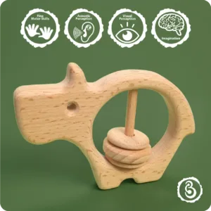 Educational icons showing how the hippo rattle aids motor skills and imagination.