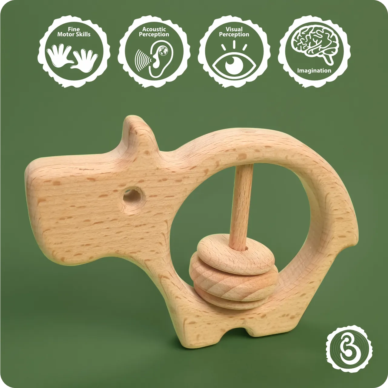 05 Educational icons showing how the hippo rattle aids motor skills and imagination.