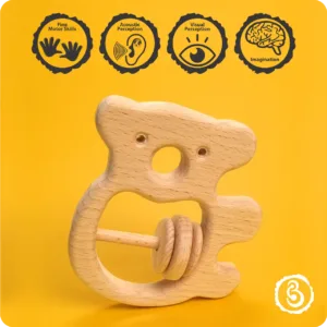 Educational icons showing how the koala rattle supports motor skills, perception, and imagination