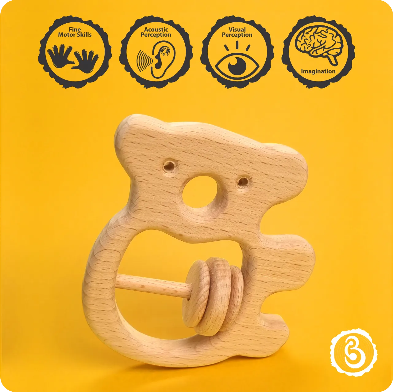 05 Educational icons showing how the koala rattle supports motor skills, perception, and imagination