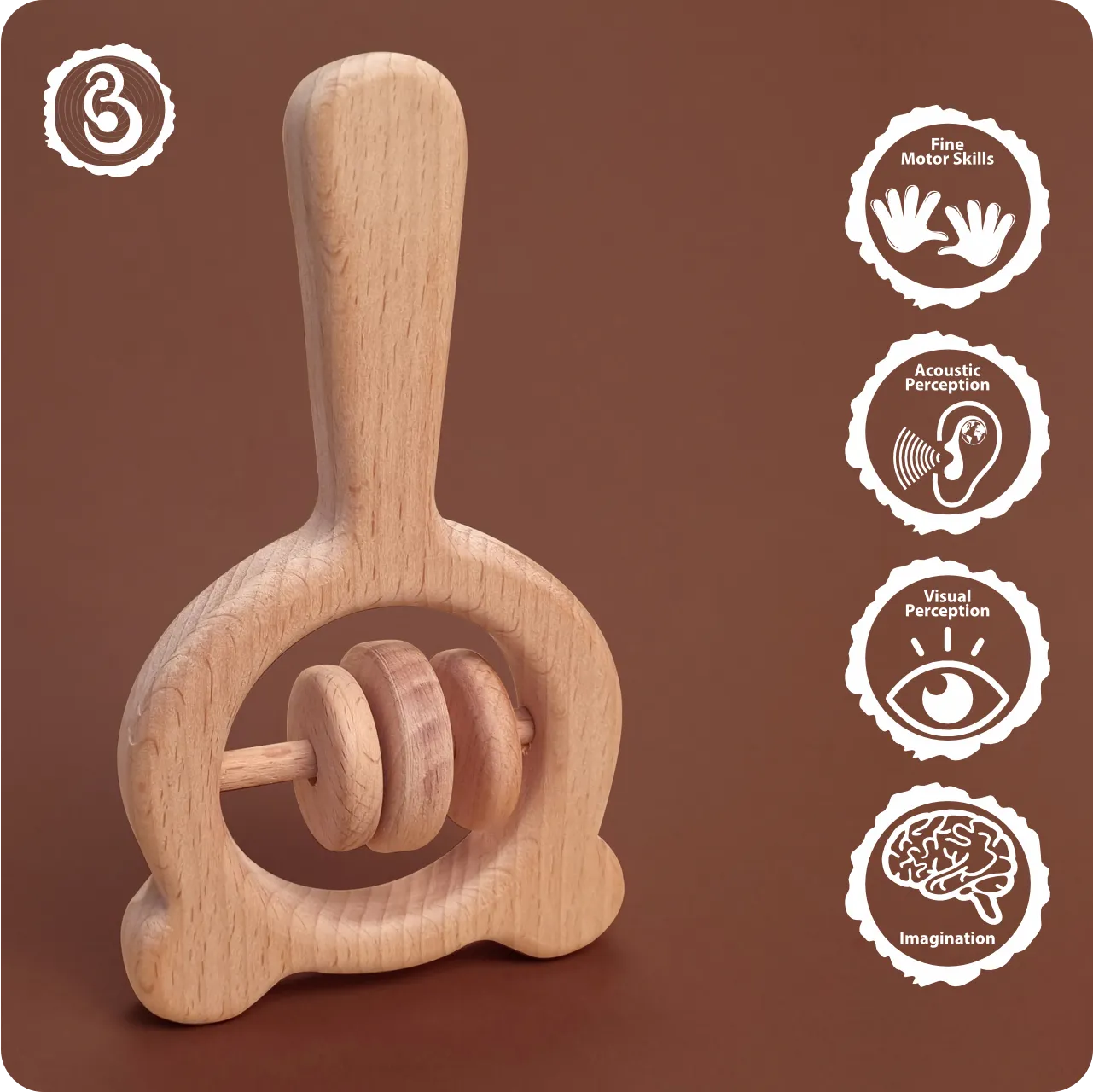 05 A wooden rattle standing upright next to icons for motor skills and sensory perception.
