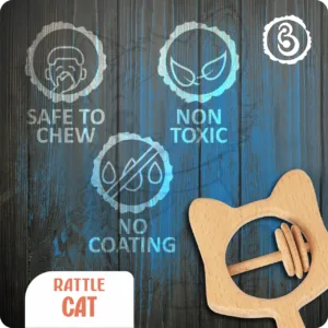 Safety icons for the reindeer rattle: non-toxic, no coating, and safe to chew.