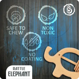 Safety certifications for the elephant rattle: non-toxic, no coating, and safe to chew.