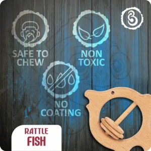Safety certifications for the fish rattle: non-toxic, no coating, and safe to chew.