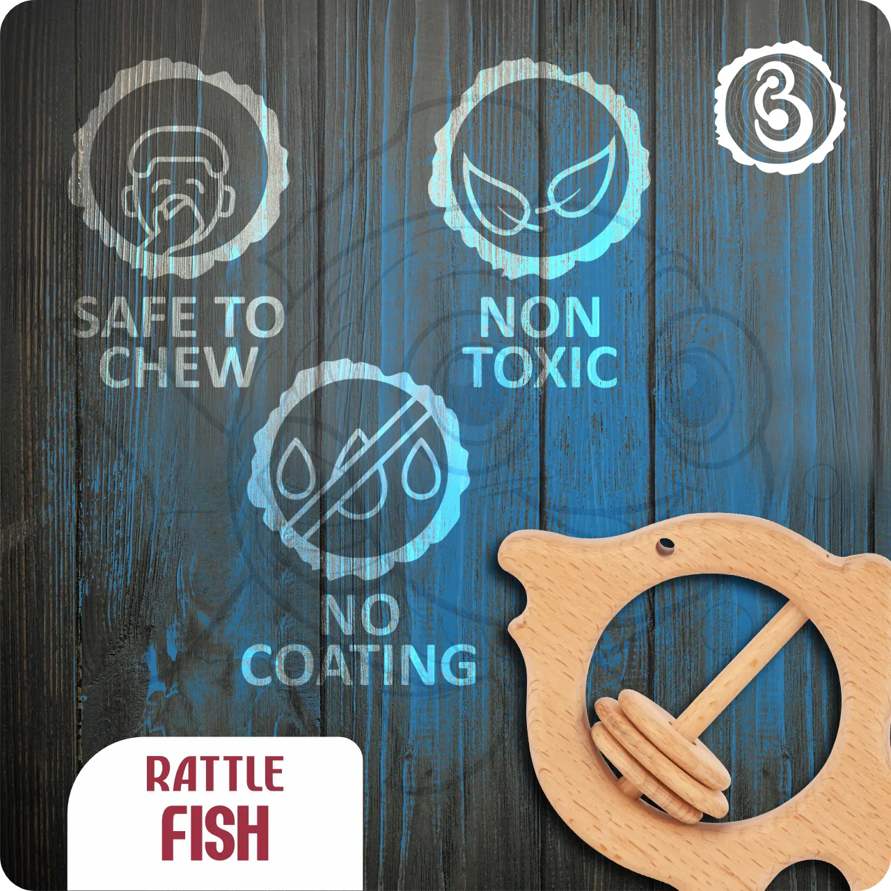 06 (1) Safety certifications for the fish rattle: non-toxic, no coating, and safe to chew.