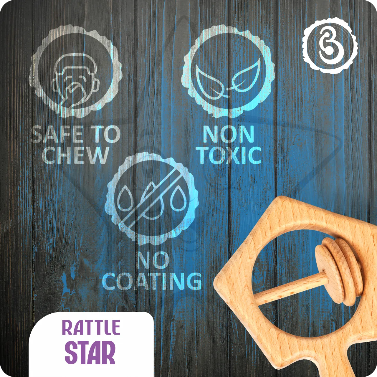 06 (1) Safety icons for the star rattle: safe to chew, non-toxic, and no coating.