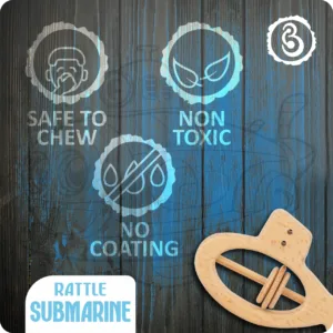 Safety icons for the submarine rattle: non-toxic, no coating, and safe to chew.
