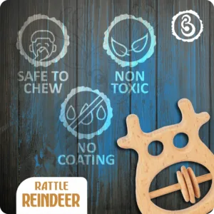 Safety icons showing the rattle is safe to chew, non-toxic, and has no coating.