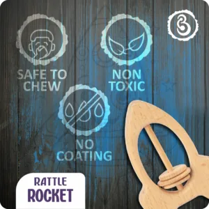 Wooden rocket rattle with safety icons for non-toxic and chemical-free materials.