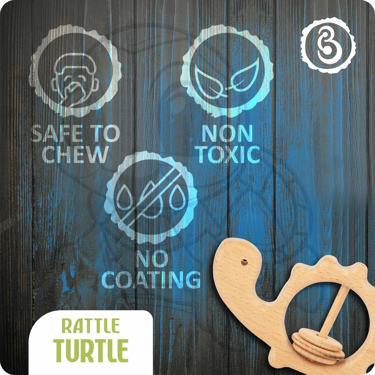 06 Safety icons for the turtle rattle: non-toxic, no coating, and safe to chew.