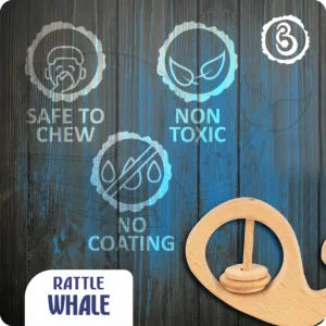 An informative graphic highlighting the chew-safe, natural material guarantees of the rattle.