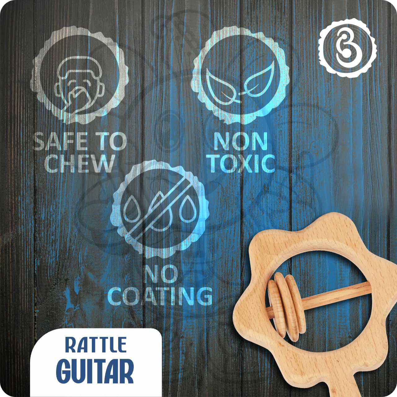 06 Safety icons for the guitar rattle: non-toxic, no coating, and safe to chew.