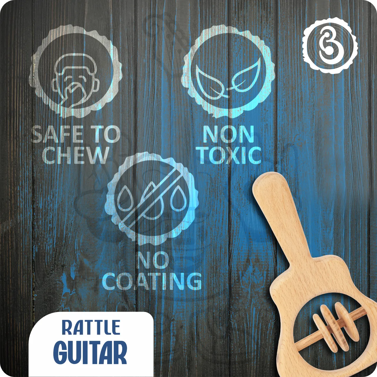 06 Safety icons for the guitar rattle: safe to chew, non-toxic, and no coating.